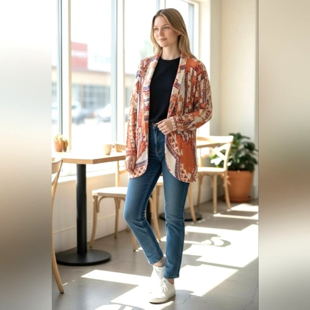 Love & Let Love Cardigan Aztec Jacket Sz M CORAL Southwest Coastal Cowgirl Boho